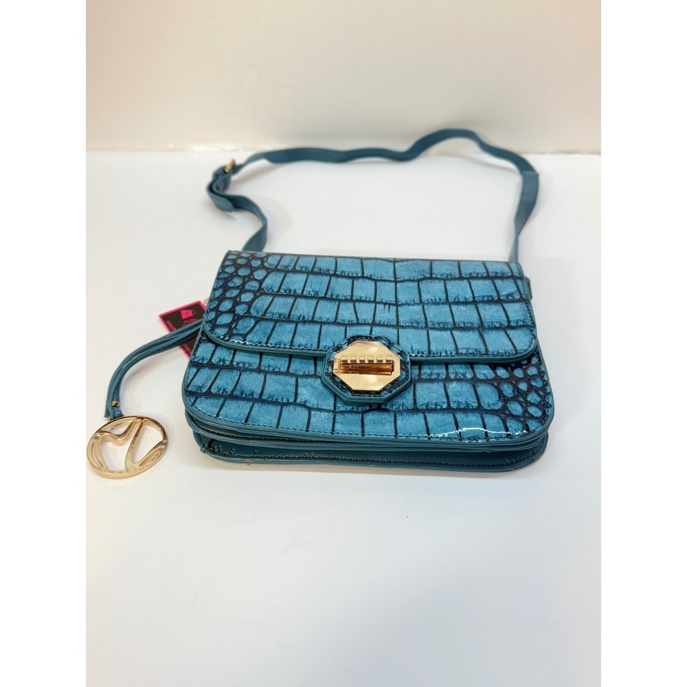 Purse Temptations Teal Blue Croc Embossed Crossbody Bag‎ Gold Hardware Turn Lock